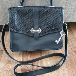 Fossil Genuine Leather Bag Black  Woven-Detail Top-Handle Satchel with Key Charm
